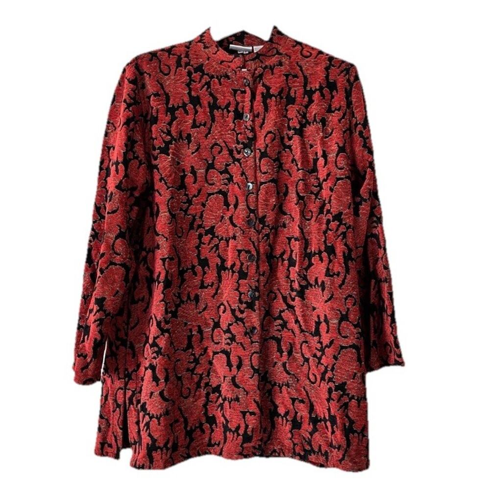 Vtg Chico's Design Brocade Long Shirt Jacket Sz 1 Red‎ Black Mandarin Collar 90s
